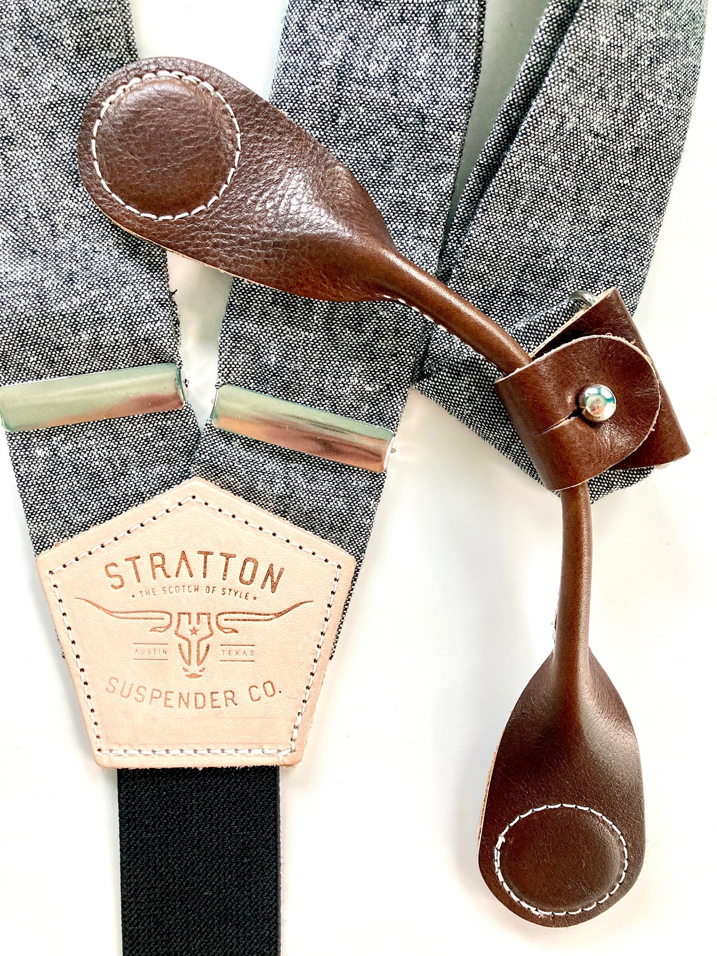 Stratton Suspenders in Texas Oil Black Linen Paired with Chocolate Pontedero Leather Magnetic Clasps