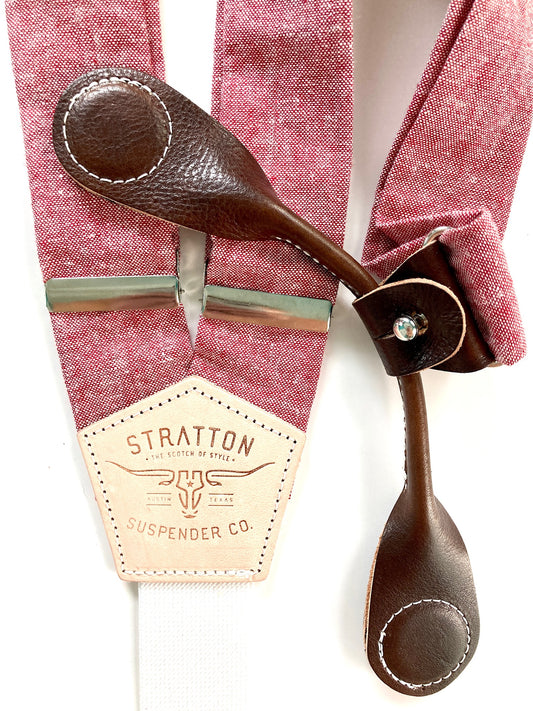 Stratton Suspenders in Bandera Red Linen Paired with Chocolate Pontedero Leather Magnetic 
