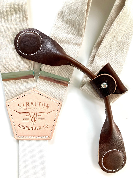Stratton Suspenders in Padre Island Sand Linen Paired with Chocolate Pontedero Leather Magnetic Clasps