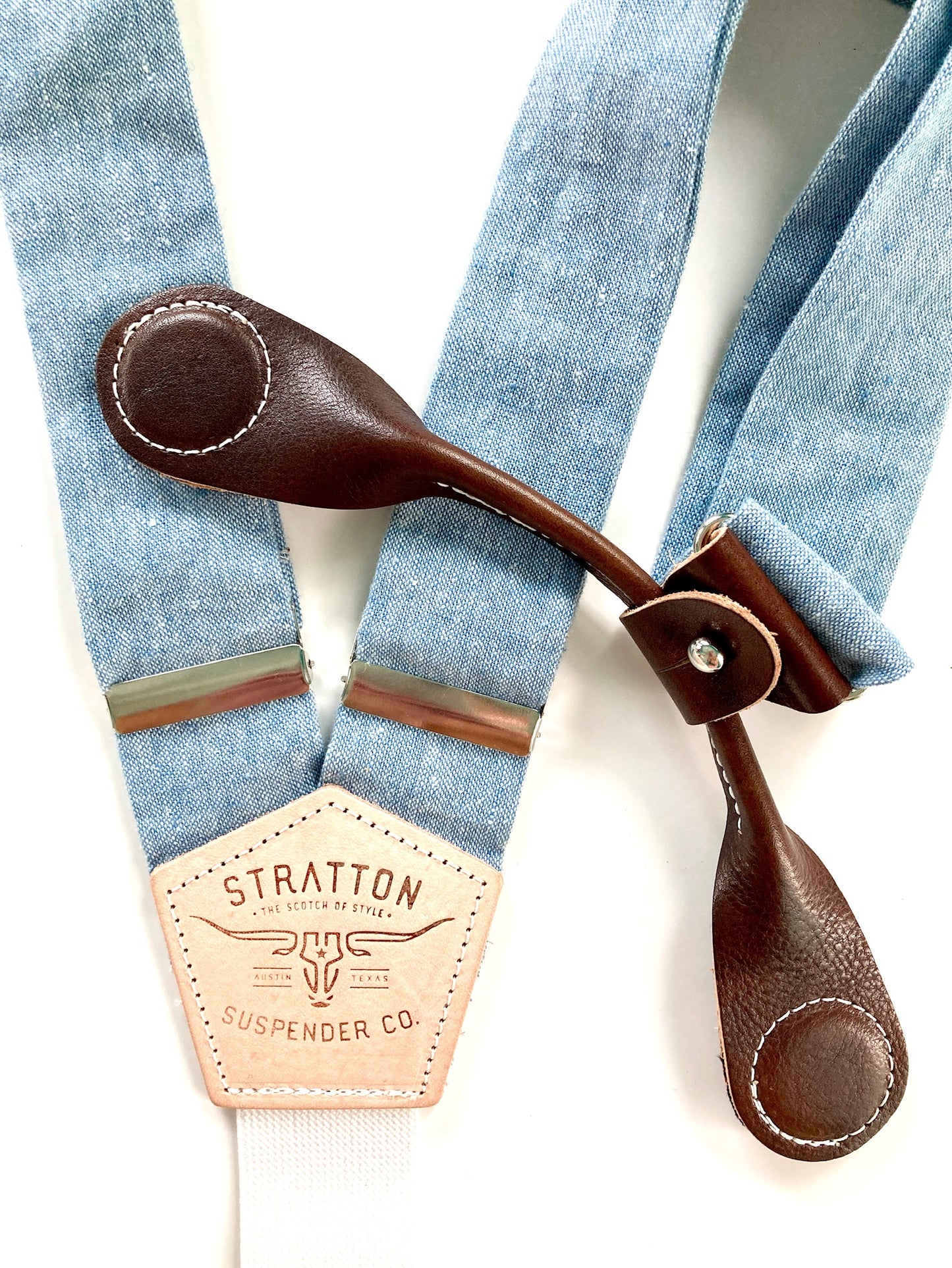 Stratton Suspenders in Frio River Blue Linen Paired with Chocolate Pontedero Leather Magnetic Clasps