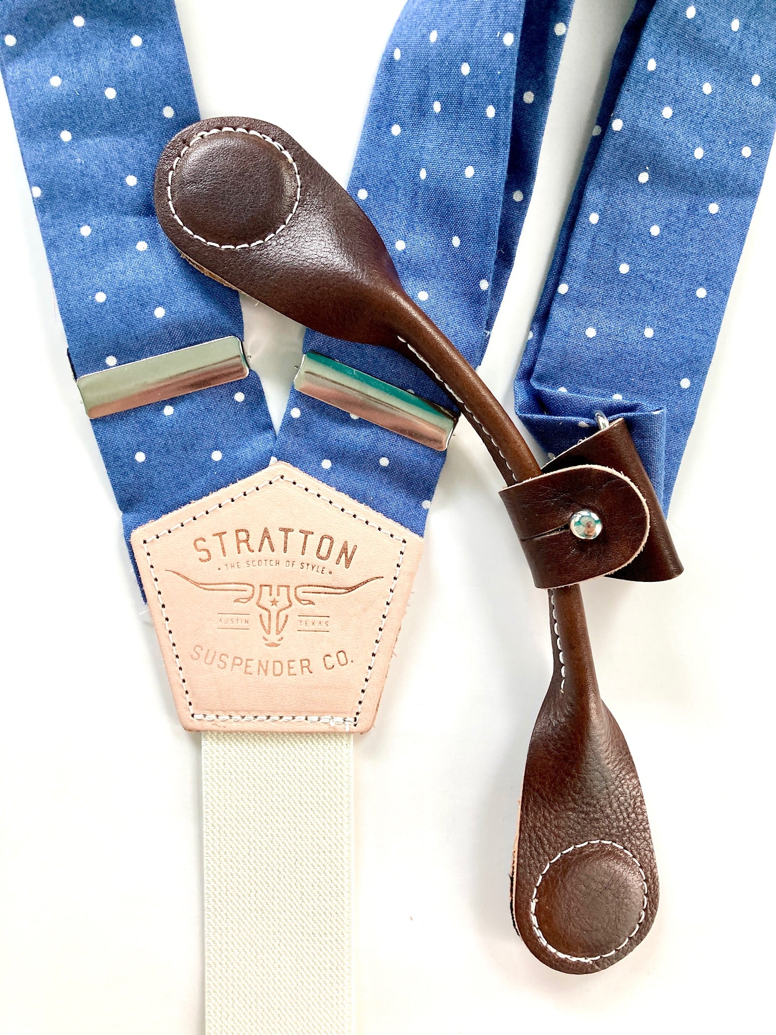 Stratton Suspenders in Vintage Polka Dot Blue Paired with Chocolate Pontedero Leather Magnetic Clasps