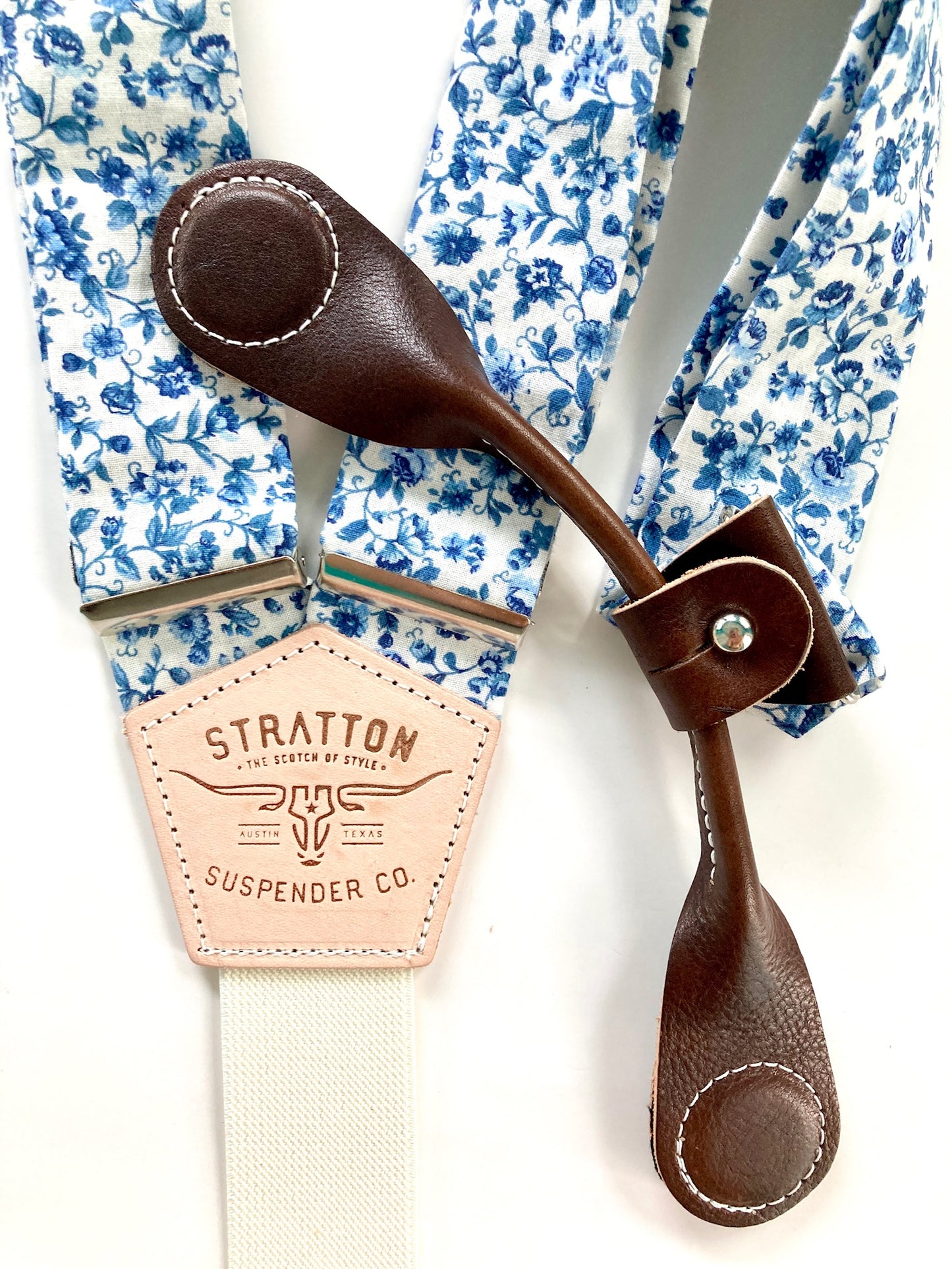 Stratton Suspenders in Blue Summertime Floral Paired with Chocolate Pontedero Leather Magnetic 