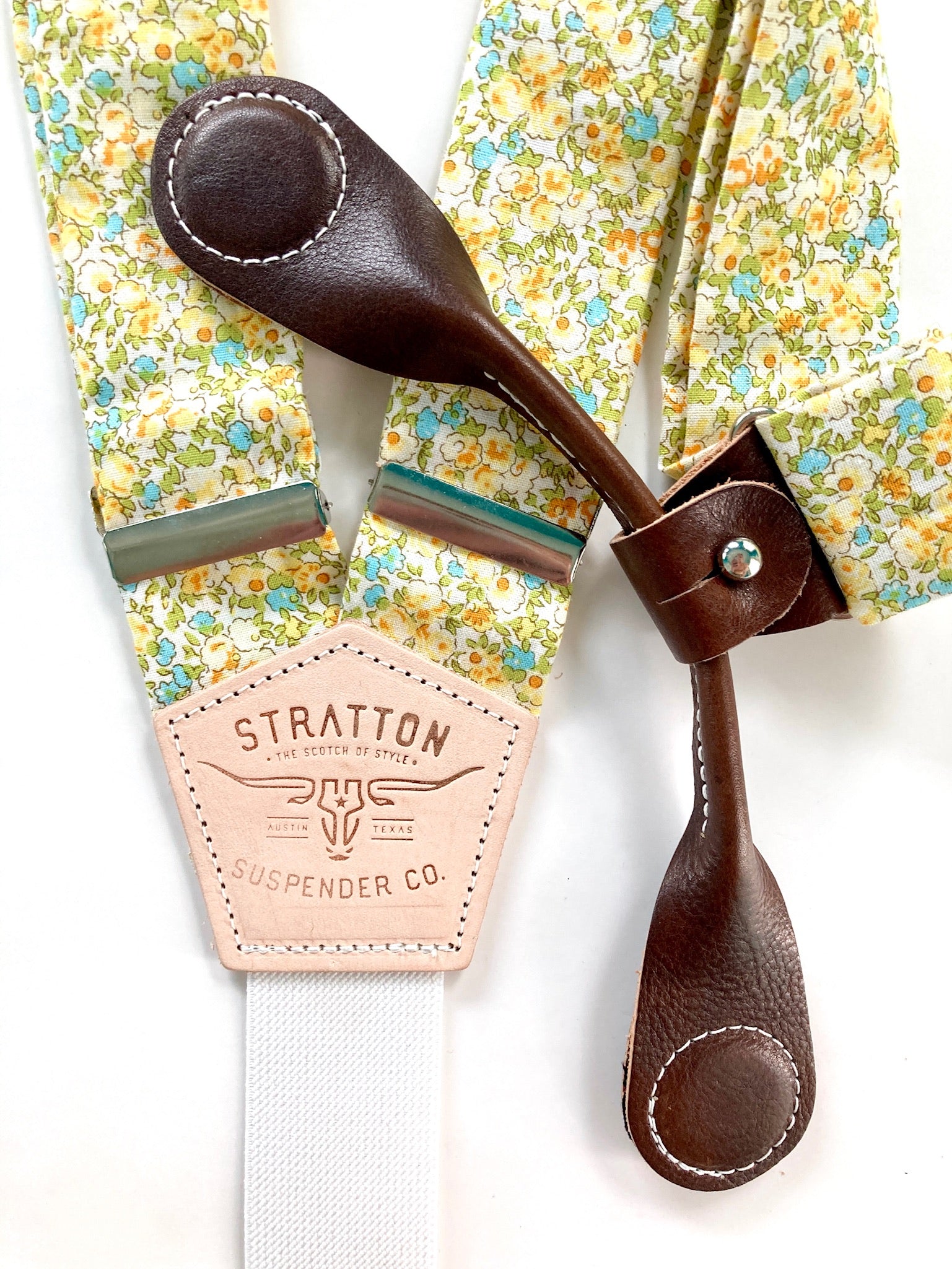 Stratton Suspenders in Summertime Yellow Floral Paired with Chocolate Pontedero Leather Magnetic Clasps