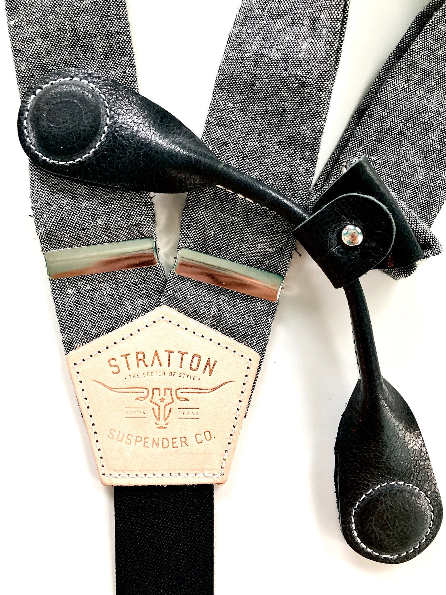 Stratton Suspenders in Texas Oil Black Linen Paired with Black Pontedero Leather Magnetic Clasps
