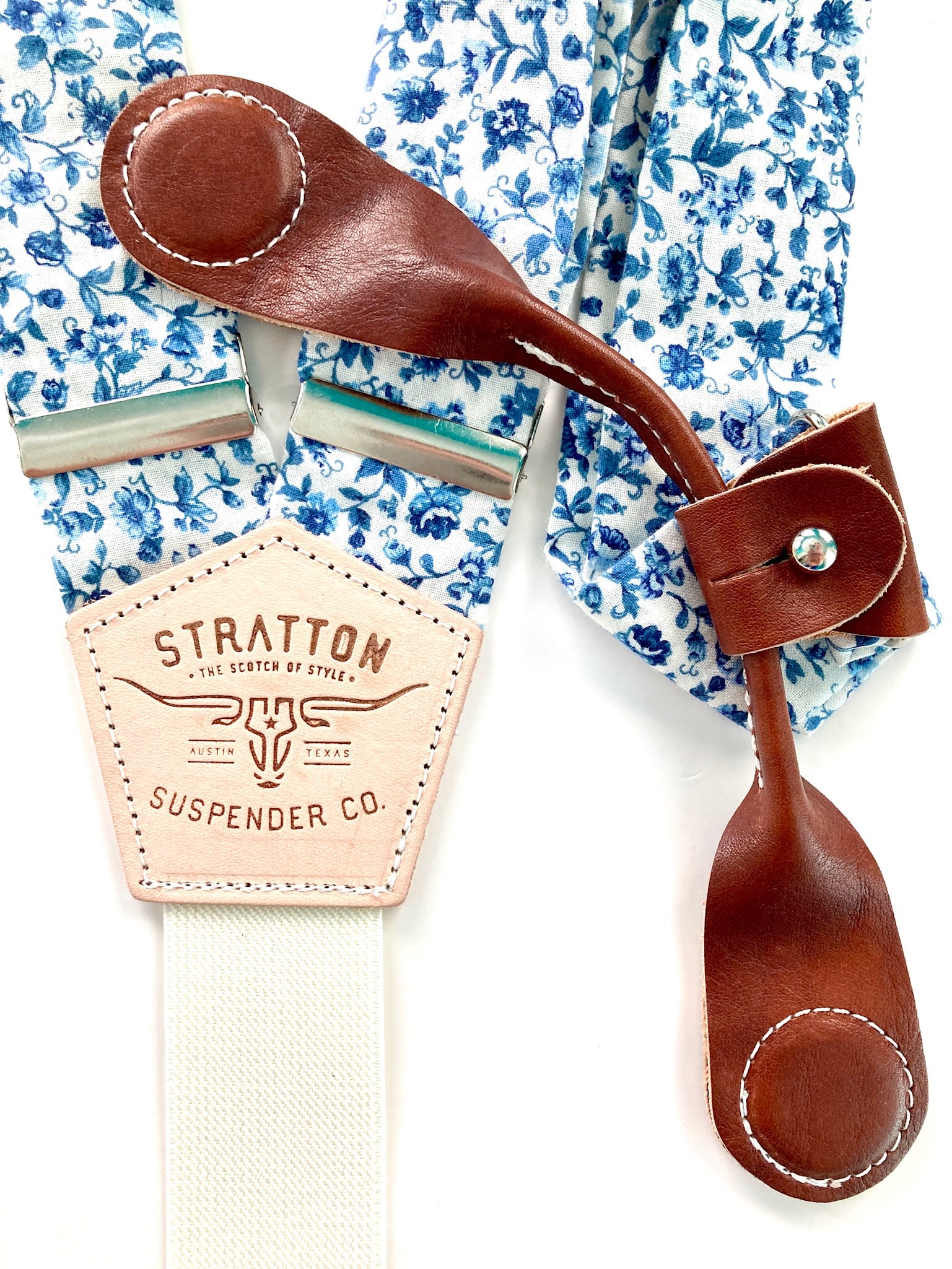 Stratton Suspenders in Blue Summertime Floral Paired with Cognac Pontedero Leather Magnetic 