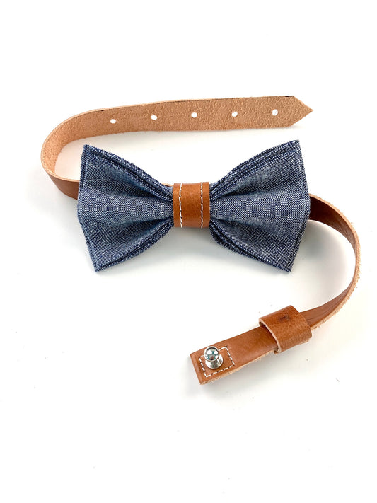  Stratton Suspender Co. Blue Bonnet Blue Linen Bowtie paired with Italian Pontedero Tan Leather Knot along with Tan Leather Strap