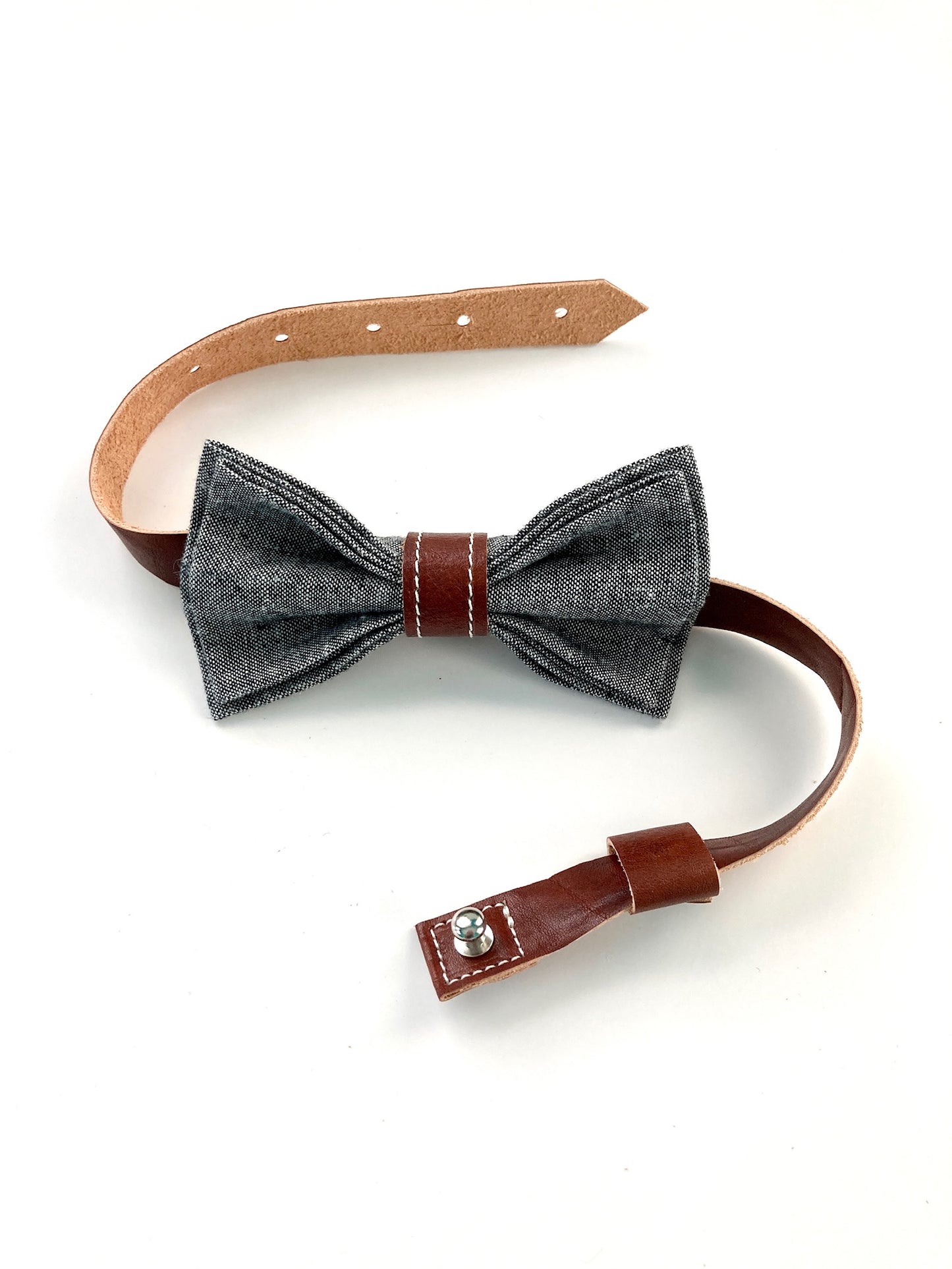 Stratton Suspender Co. Texas Oil Black Linen Bowtie paired with Italian Pontedero Cognac Leather Knot along with Black Leather Strap