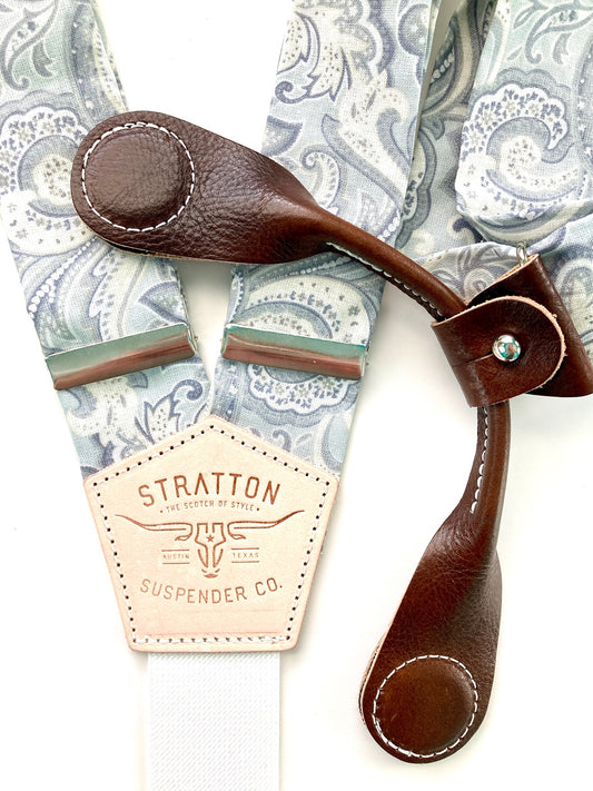 Stratton Suspenders in Gray Paisley Floral Paired with Chocolate Pontedero Leather Magnetic Clasps