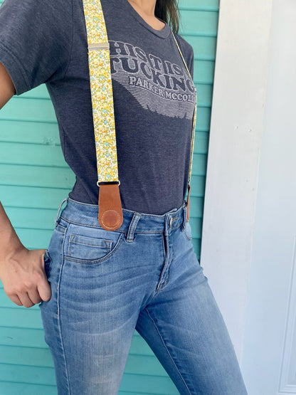 Yellow & Teal Floral Women’s Suspenders – Handmade Linen Suspenders with Magnetic Clasps | Spring, Summer & Fall Boho Accessory