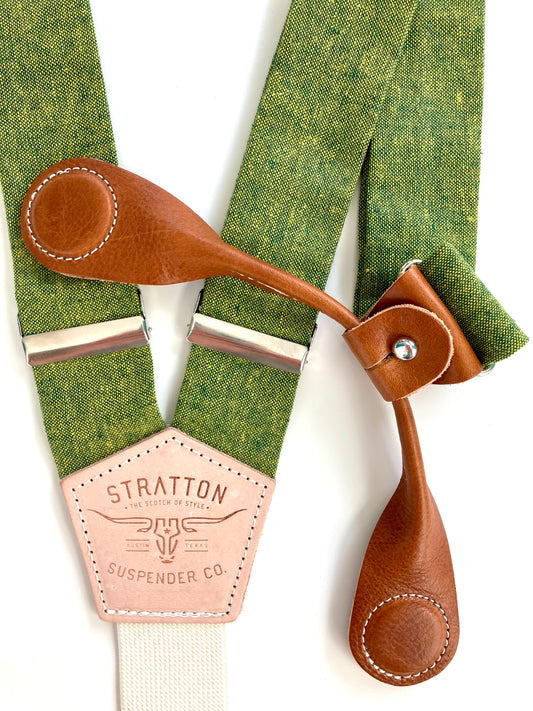 Stratton Suspender Co. features the Palm green with yellow woven threaded linen suspenders on veg tan shoulder leather with cream colored elastic back strap for the Fall 2022 suspenders collection Magnetic Stratton Suspender clasps in Tan Pontedero Italian leather hand-picked by Stratton Suspender Co.