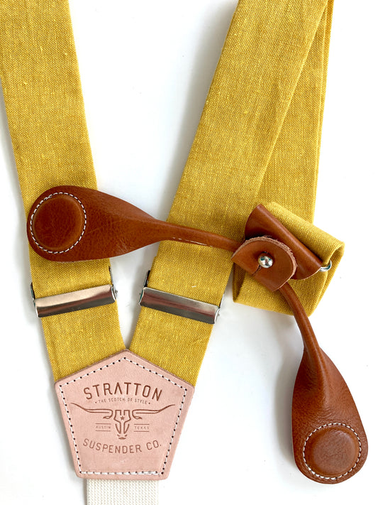 Stratton Suspender Co. features the Yellow linen suspenders on veg tan shoulder leather with cream colored elastic back strap for the Fall 2022 suspenders collection Magnetic Stratton Suspender clasps in Tan Pontedero Italian leather hand-picked by Stratton Suspender Co.