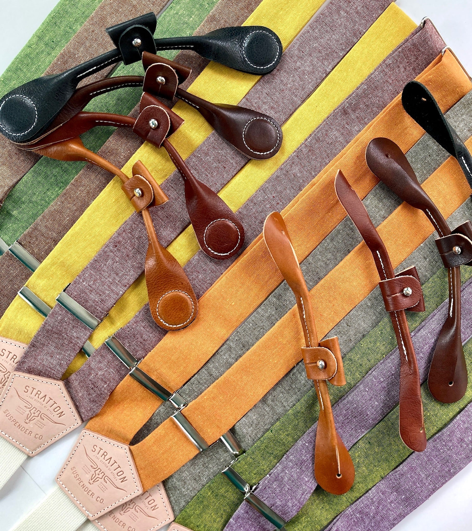 Vintage Linen Suspenders with Button-On Attachments – Multi-Color Set Featuring Nutmeg Brown, Moss Green, Mustard Yellow, Tangerine Orange, and Plum Purple. Handmade Heritage American Menswear by Stratton Suspender Co.