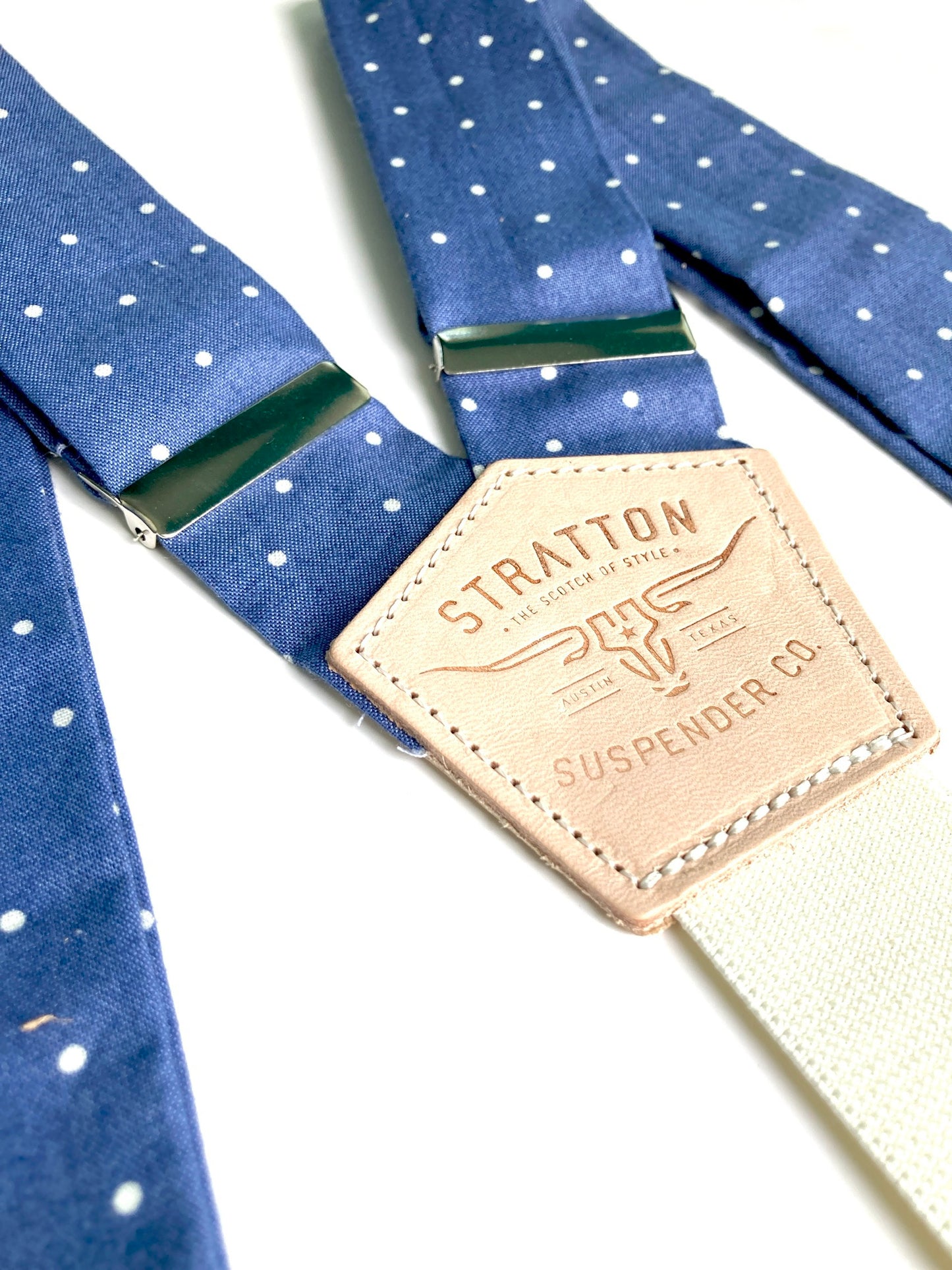 Stratton Suspender Co. Straps in Vintage Blue with Cream Polkadot