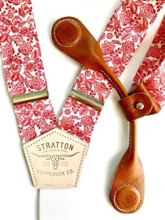 Stratton Suspenders in Vintage Red Floral Straps Paired with Tan Pontedero Leather Magnetic Clasps 