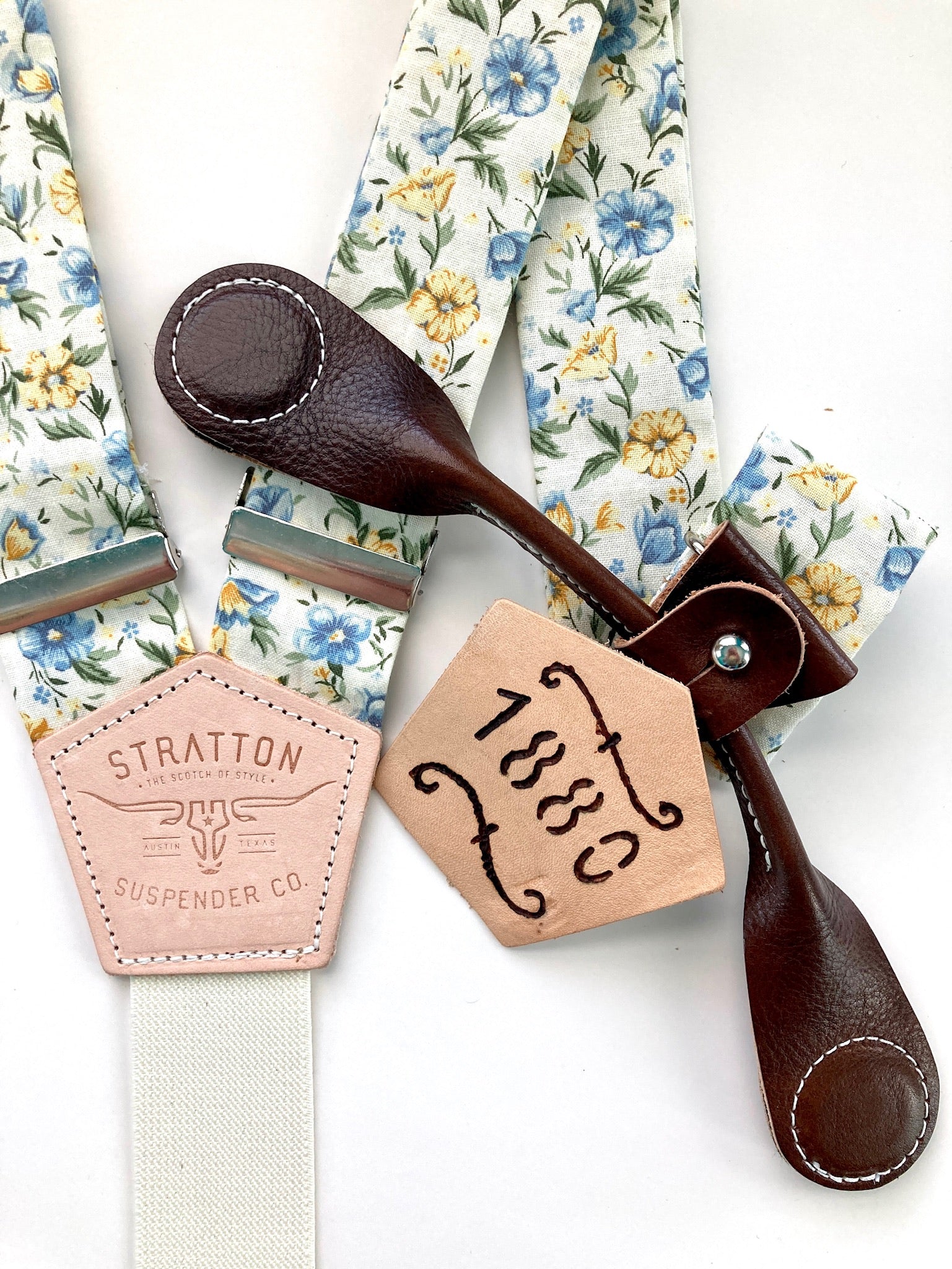 Stratton Suspenders in Vintage Cream Floral Straps Paired with Chocolate Pontedero Leather Magnetic Clasps 