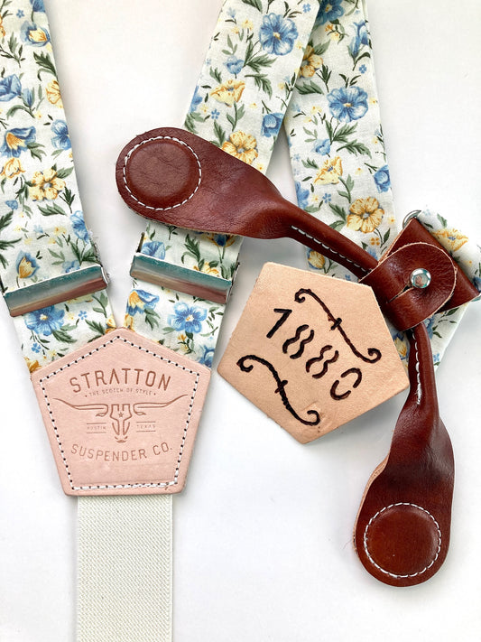 Stratton Suspenders in Vintage Cream Floral Straps Paired with Cognac Pontedero Leather Magnetic Clasps 