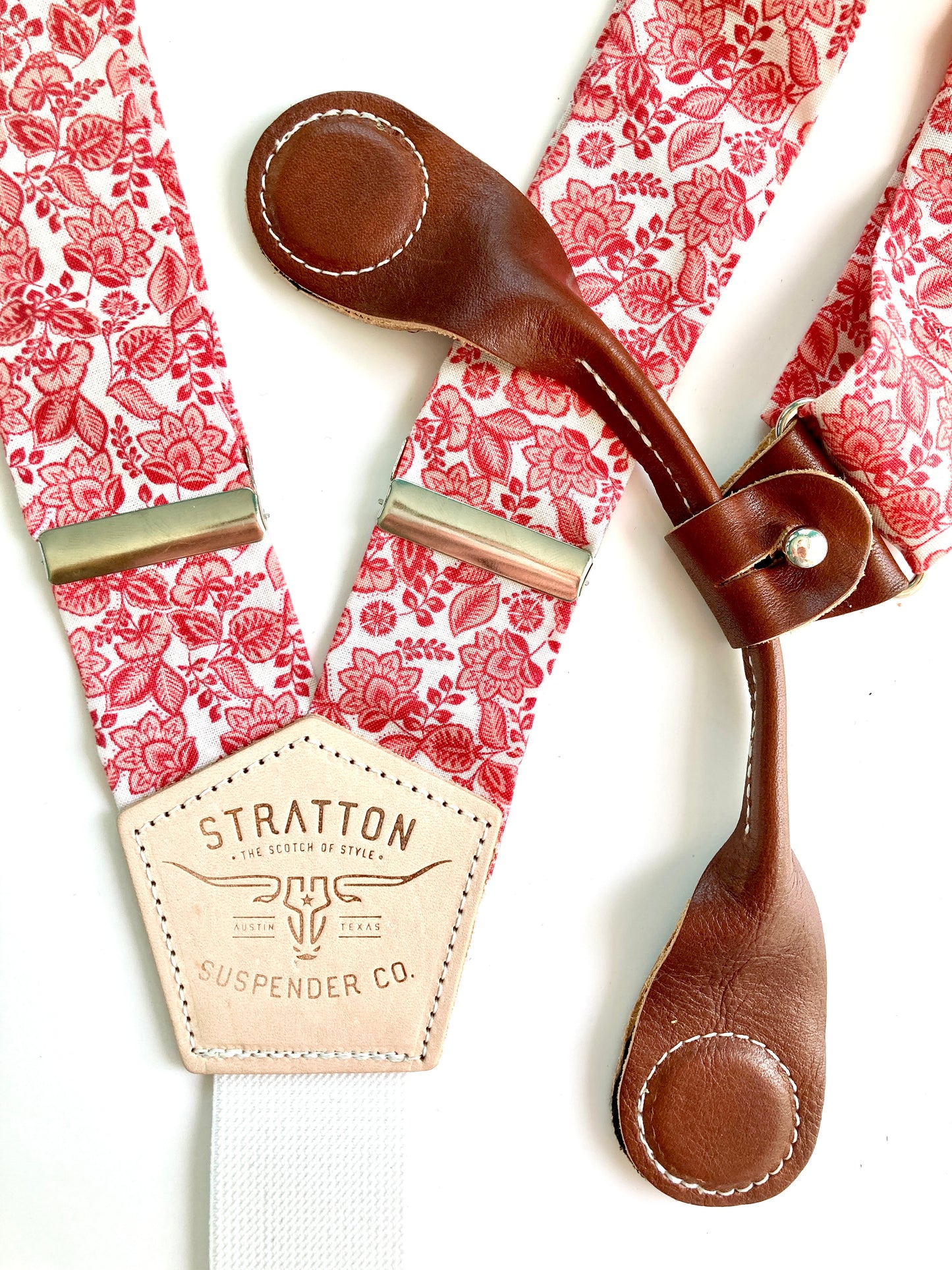 Stratton Suspenders in Vintage Red Floral Straps Paired with Cognac Pontedero Leather Magnetic Clasps 