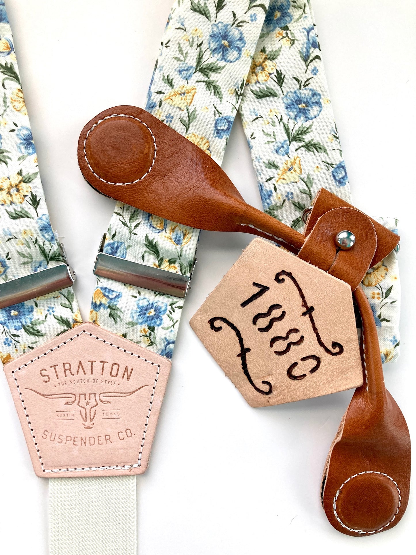 Stratton Suspenders in Vintage Cream Floral Straps Paired with Tan Pontedero Leather Magnetic Clasps 