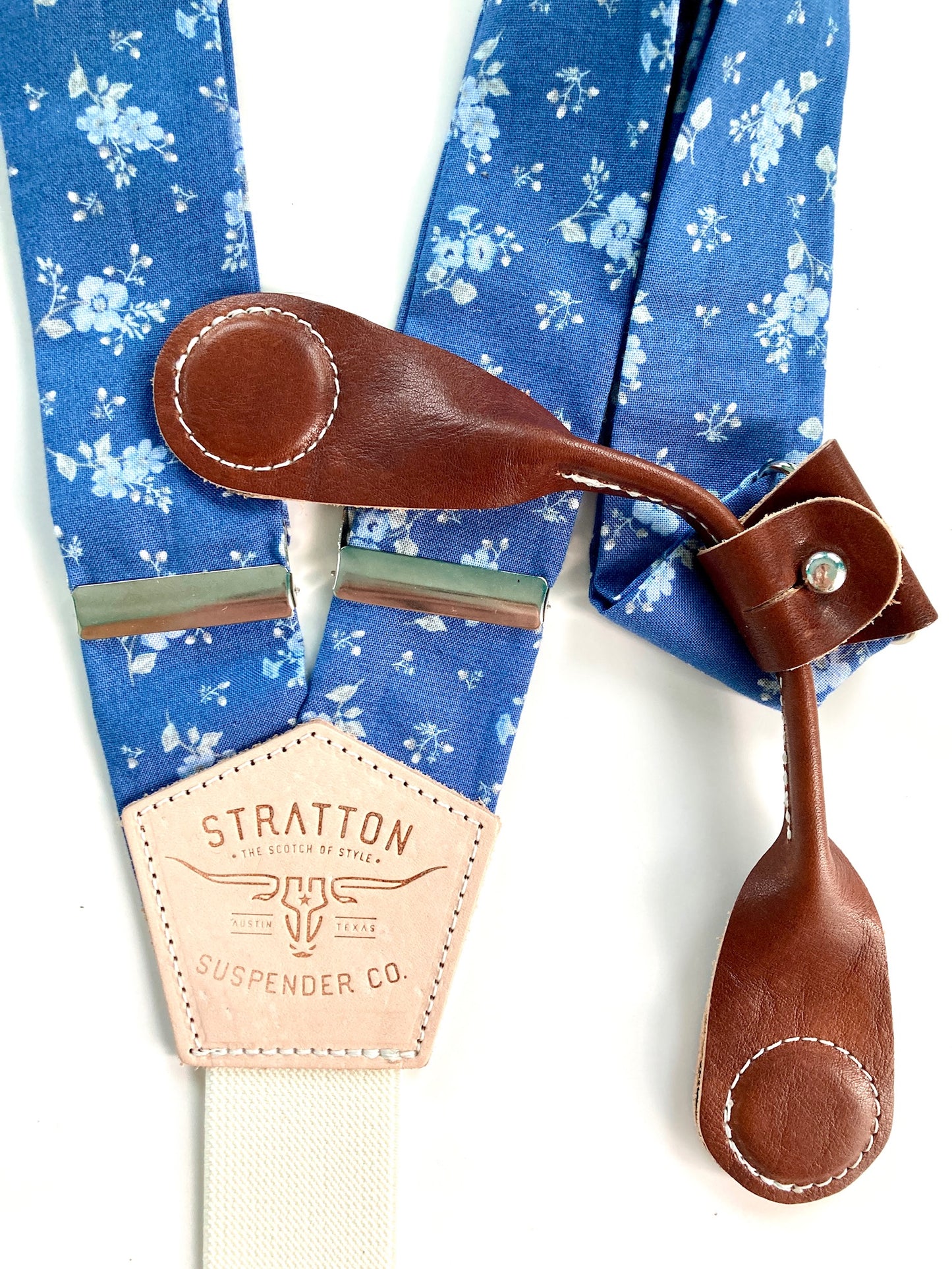 Stratton Suspenders in Vintage Blue Floral Straps Paired with Cognac Pontedero Leather Magnetic Clasps 