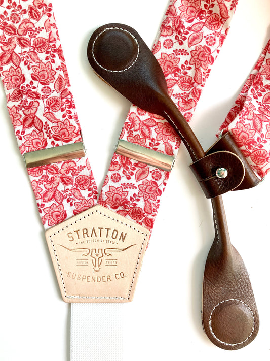 Stratton Suspenders in Vintage Red Floral Straps Paired with Chocolate Pontedero Leather Magnetic Clasps 