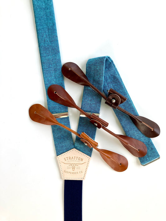 Malibu Blue Linen Button On Suspenders Set - Spring Collection Stratton Suspender Co.