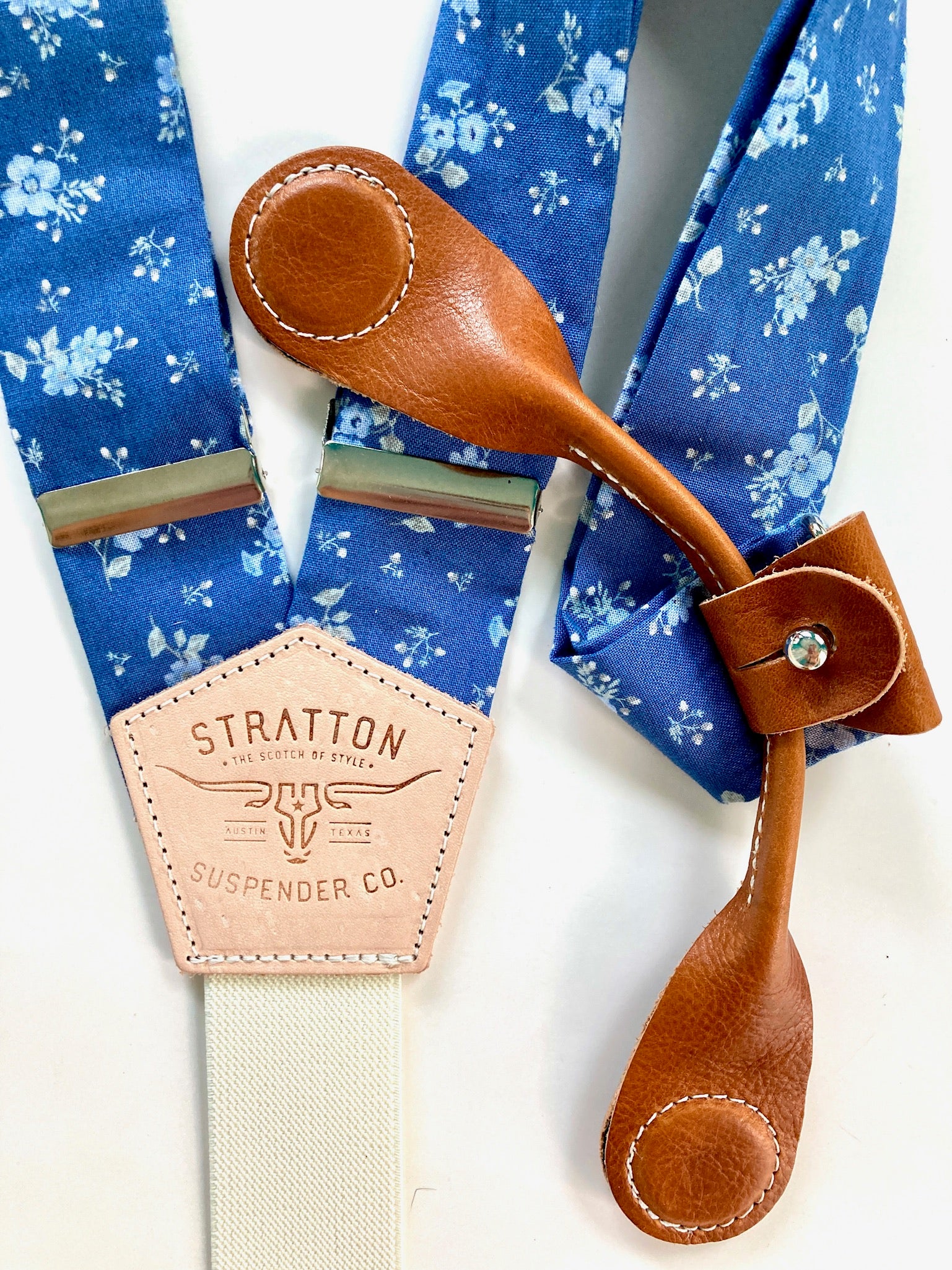Stratton Suspenders in Vintage Blue Floral Straps Paired with Tan Pontedero Leather Magnetic Clasps 