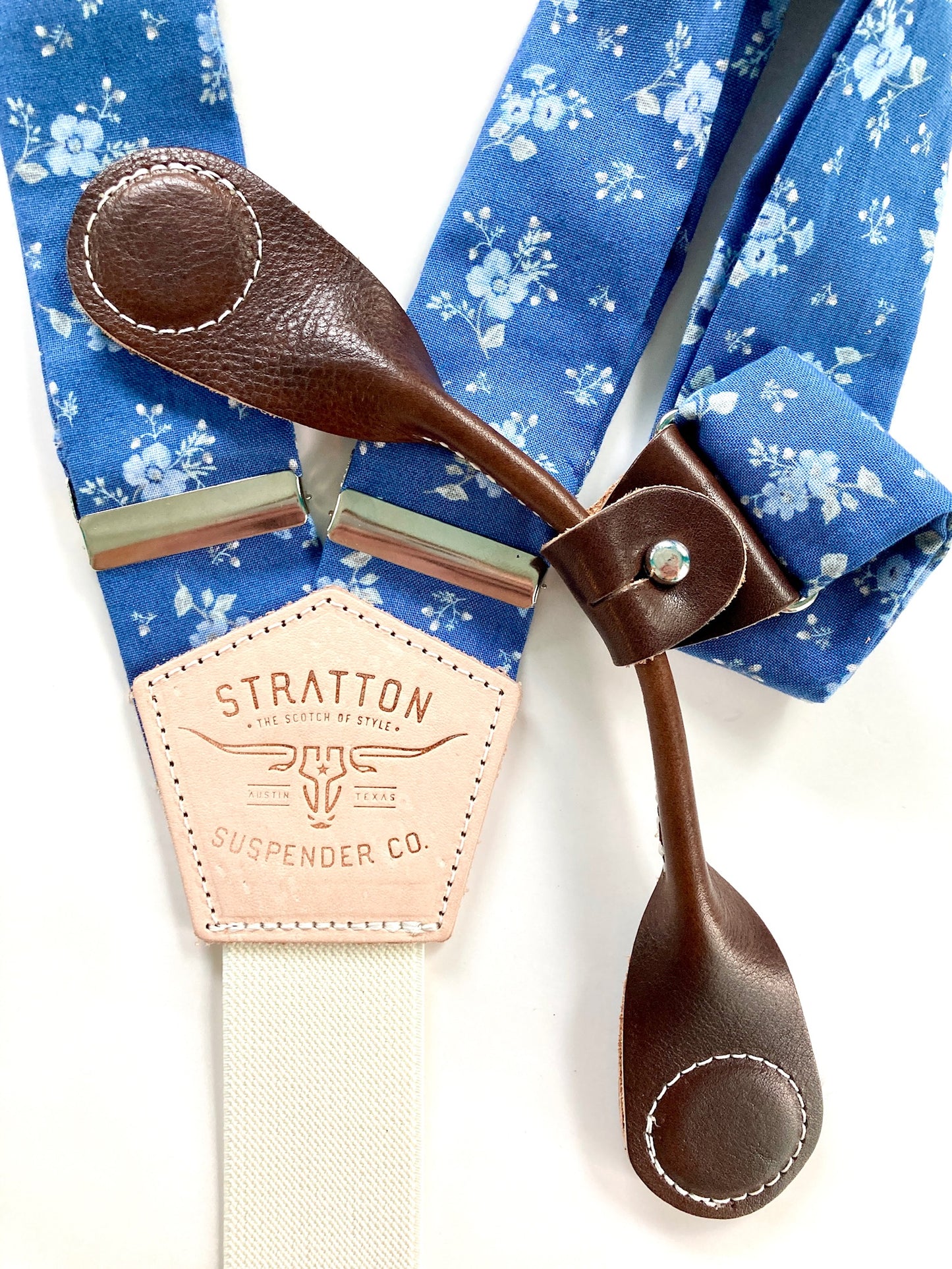 Stratton Suspenders in Vintage Blue Floral Straps Paired with Chocolate Pontedero Leather Magnetic Clasps 