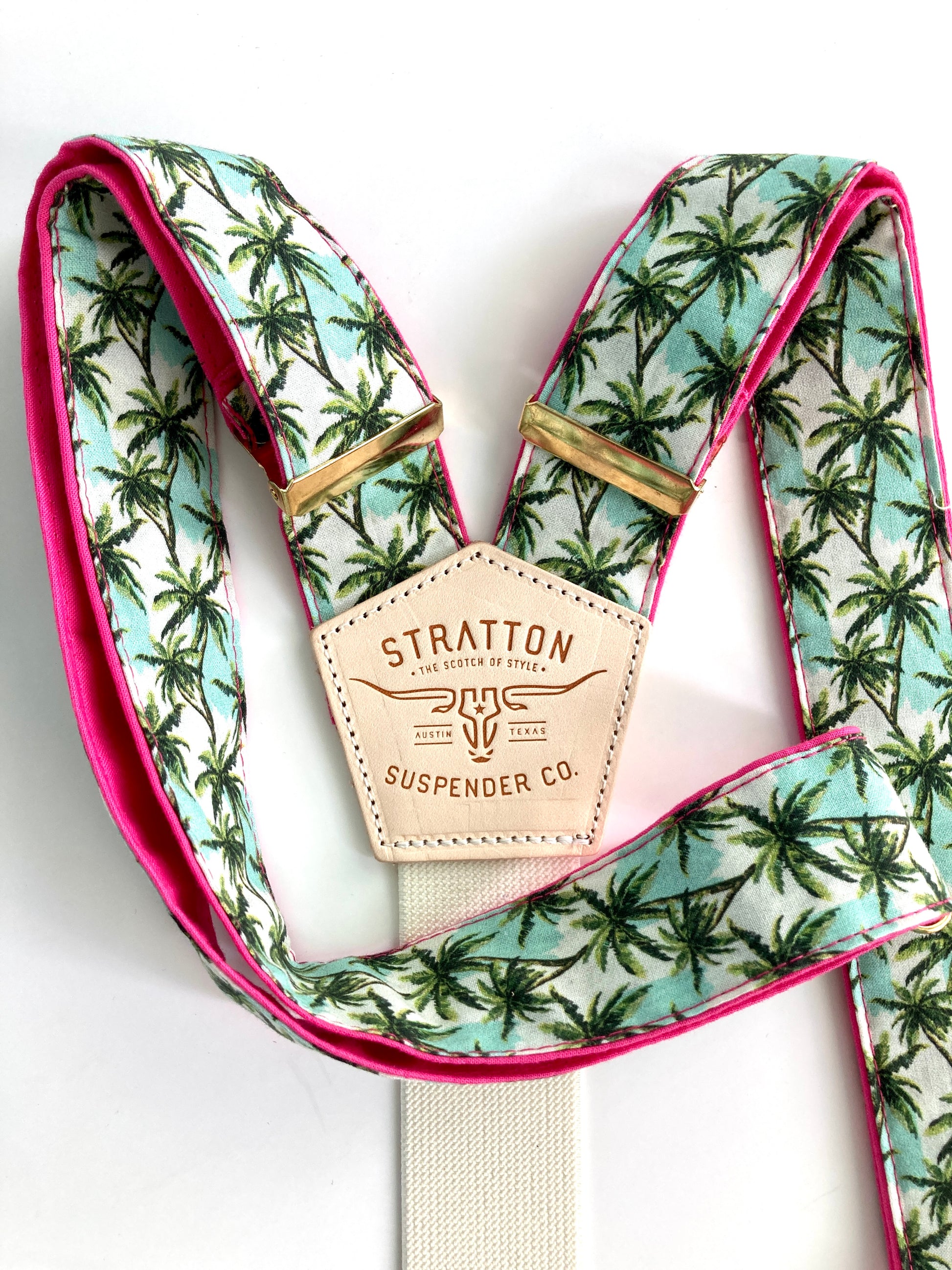Close-Up of Vintage Tropical 1950s Miami Inspired Wedding Suspenders – Custom Design with Matching Top-Stitch – Handmade by Stratton Suspender Co.